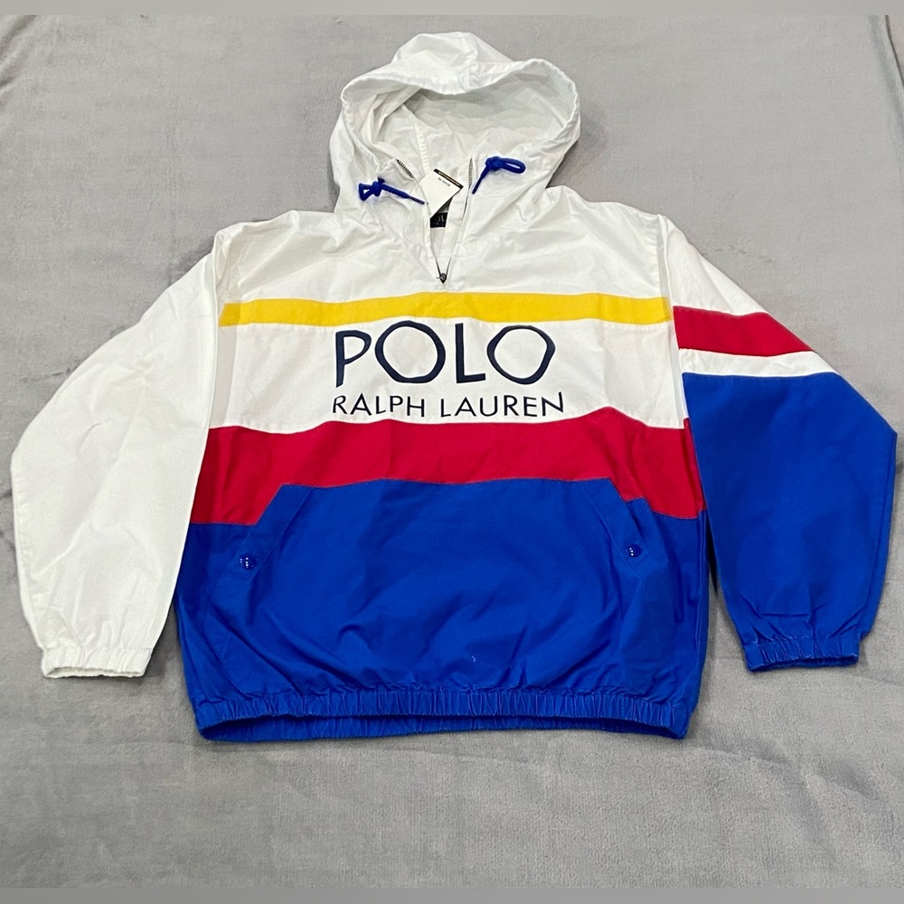 Polo by Ralph Lauren White, Blue & Red Colorblock Windbreaker Hooded Jacket